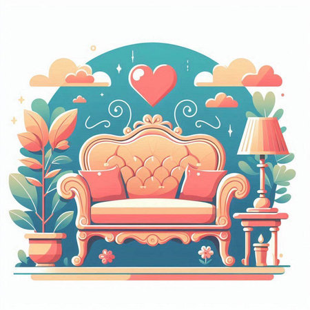 Retro sofa in vintage style with decorative elements. Vector illustration.のイラスト素材