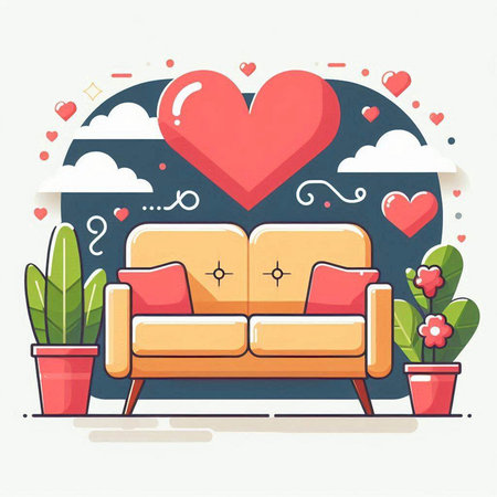 Vector illustration of a cozy living room with a sofa, a red heart and flowers.のイラスト素材