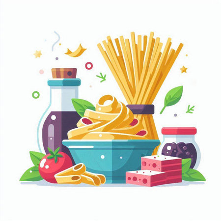 Italian food. Pasta, pasta, cheese, tomato, basil, olive oil. Vector illustration in flat styleのイラスト素材