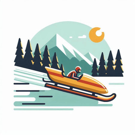 Snowmobiling in the forest. Flat design. Vector illustration.のイラスト素材