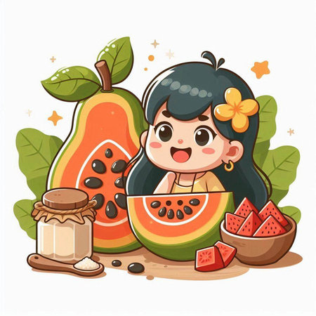 Cute girl with watermelon and papaya. Vector illustration.のイラスト素材