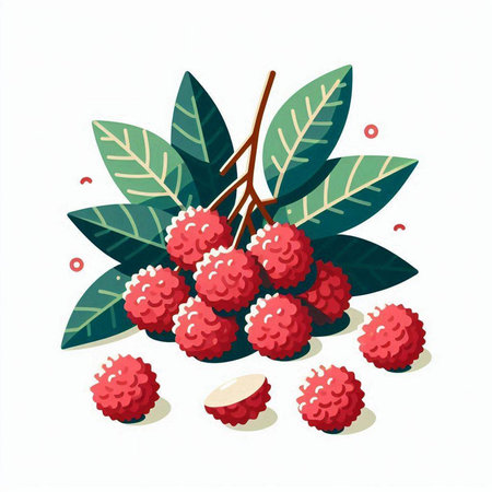Lychee with leaves isolated on white background. Vector illustration.のイラスト素材