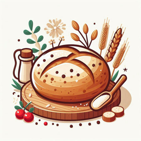 Bread vector illustration. Bakery products. Fresh bread with seeds, wheat and grains.のイラスト素材