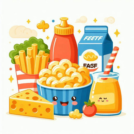 Cartoon fast food vector illustration. Cute macaroni, french fries, juice and cheese.のイラスト素材