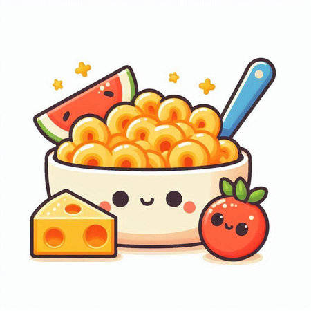 Cute and kawaii macaroni with tomato and cheese. Vector illustration.のイラスト素材