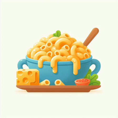 Bowl of macaroni and cheese with spoon. Vector illustration.のイラスト素材