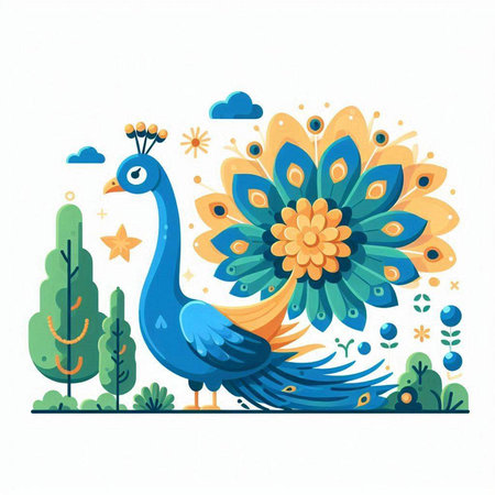 Peacock with flowers in the garden. Hand drawn vector illustration.のイラスト素材