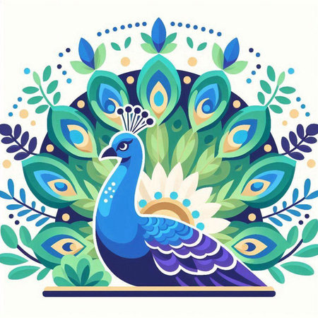 Peacock with peacock feathers and flowers. Vector illustration.のイラスト素材