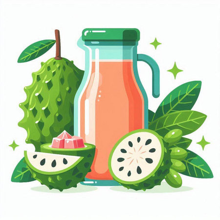 Vector illustration of fresh guava juice in a glass with fruits.のイラスト素材