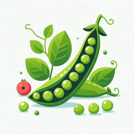 Green peas with leaves and red cherry on white background. Vector illustration.のイラスト素材