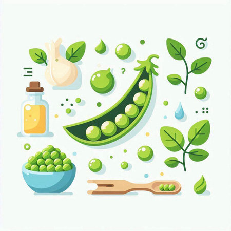 Vector illustration of fresh green peas in bowl and ingredients for cooking.のイラスト素材