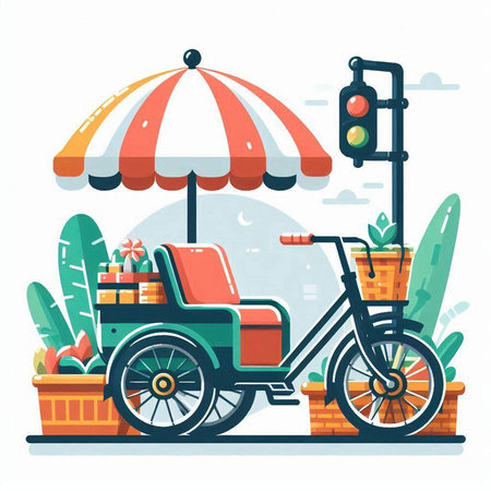 Tricycle with awning and basket of boxes. Vector illustrationのイラスト素材