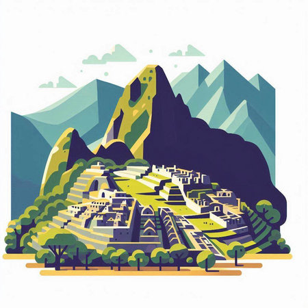 Mountain landscape with ancient city. Vector illustration in flat style.のイラスト素材