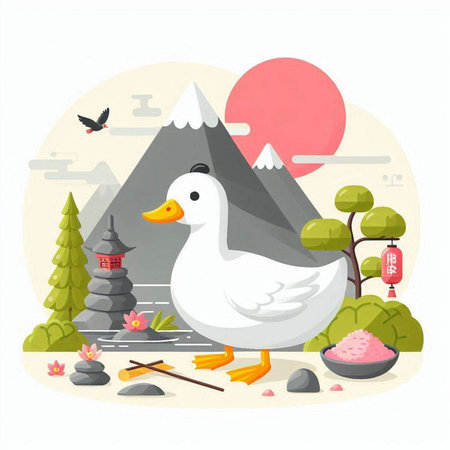 Vector illustration of a cute duck in the background of the mountains.のイラスト素材