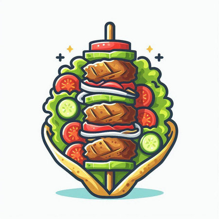 Illustration of a kebab with lettuce, tomato and cucumberのイラスト素材