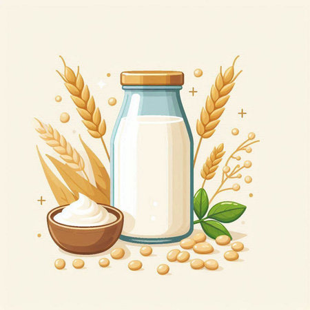 Vector illustration of soy milk in a glass bottle, grains and seeds.のイラスト素材