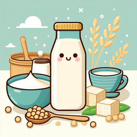 Vector illustration of dairy products in cartoon style - milk, sour cream, soybean, sesameのイラスト素材