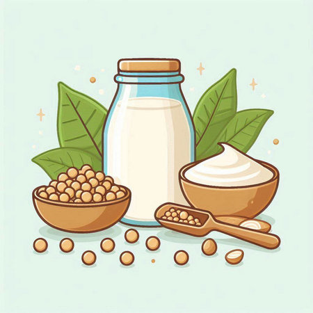 Vector illustration of soy milk in a glass bottle and wooden spoon with soy beans.のイラスト素材