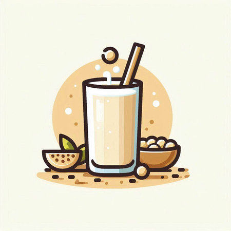 Illustration of a glass of milk with a straw and nuts.のイラスト素材