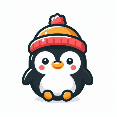 Cute cartoon penguin wearing warm hat and scarf. Vector illustration.のイラスト素材