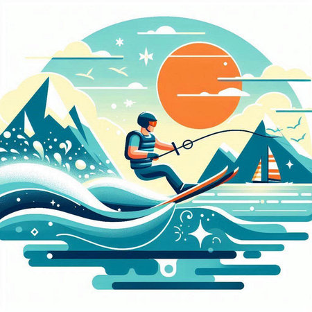 illustration of a man riding a water ski on the background of mountainsのイラスト素材