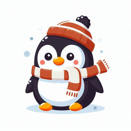 Cute penguin with scarf and hat. Vector illustration in cartoon style.のイラスト素材