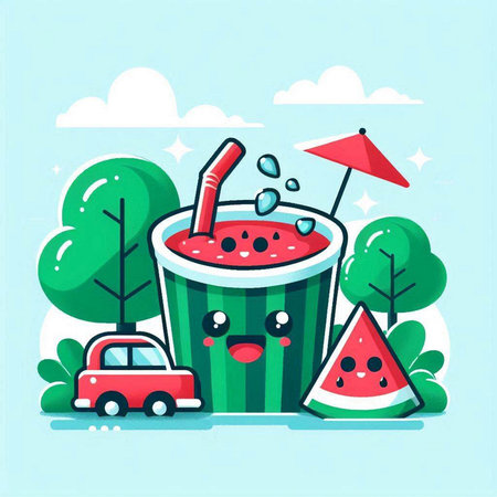 Cute cartoon watermelon juice character. Vector illustration in flat styleのイラスト素材