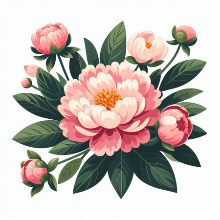 Beautiful bouquet of pink peonies with green leaves. Vector illustration.のイラスト素材