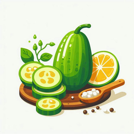 Cucumber, lemon, salt, pepper, lime. Vector illustration.のイラスト素材