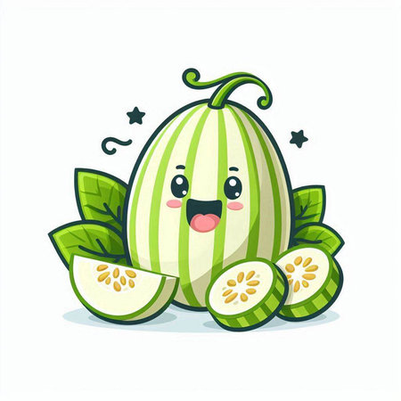 Cute cartoon melon character with green leaves. Vector illustration.のイラスト素材