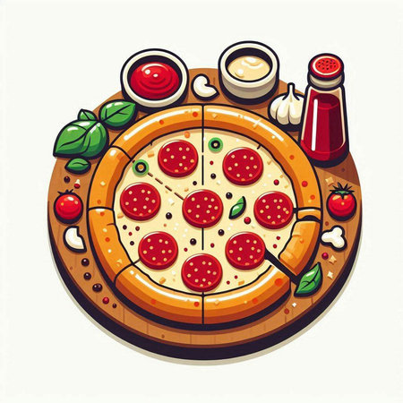Pizza with pepperoni, tomato and mozzarella. Vector illustrationのイラスト素材