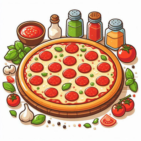 Illustration of pizza with ingredients on a white background. Vector illustration.のイラスト素材