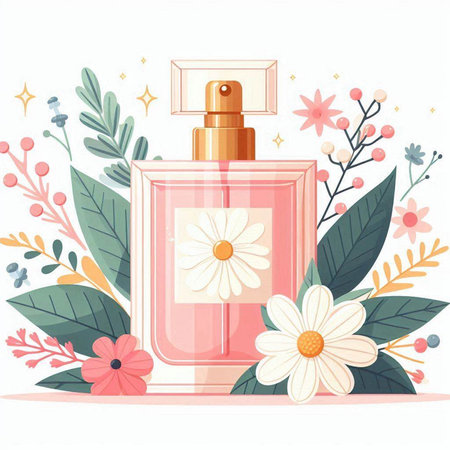 Perfume bottle with flowers and leaves. Vector illustration in flat style.のイラスト素材