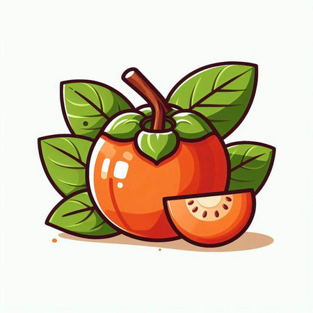 Persimmon fruit with leaves isolated on white background. Vector illustration.のイラスト素材