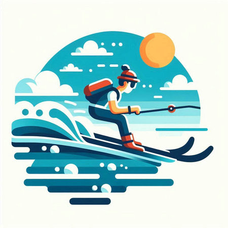 Tourist on skis in the sea. Vector flat illustration.のイラスト素材