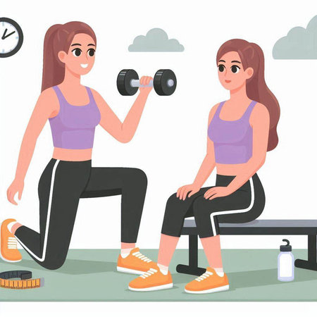 Fitness woman doing exercises with dumbbells in gym. Vector illustrationのイラスト素材