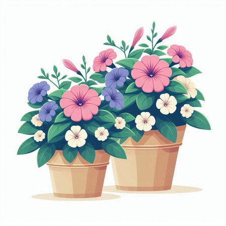 Flowers in pots isolated on white background. Vector cartoon illustration.のイラスト素材