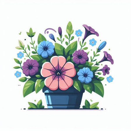 Flower pot with flowers and leaves. Vector illustration in cartoon style.のイラスト素材