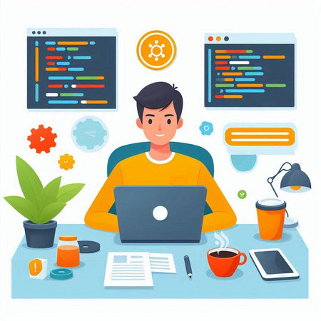 Programmer working at the computer. Vector illustration in flat style.のイラスト素材