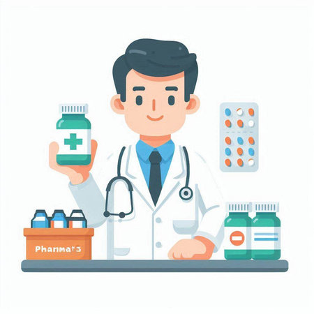 Male doctor holding a bottle of pills. Flat style vector illustration.のイラスト素材
