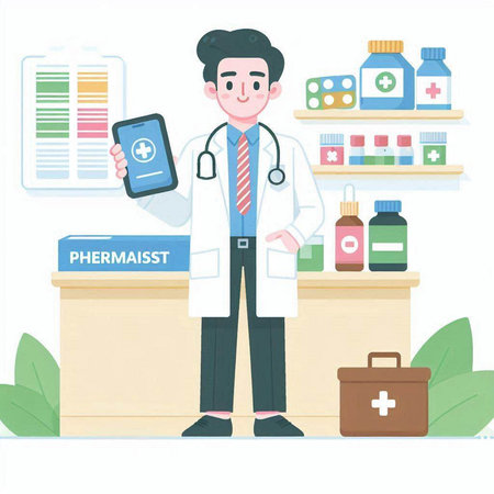 Male pharmacist standing at the counter in the drugstore. Vector illustration.のイラスト素材