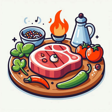 Steak with vegetables and spices. Vector illustration in cartoon style.のイラスト素材
