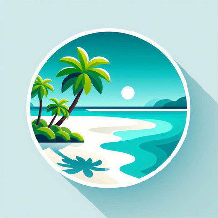 tropical beach with palm trees and sea in round frame vector illustrationのイラスト素材