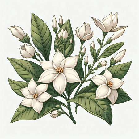 Branch of white jasmine flowers with leaves. Vector illustration.のイラスト素材