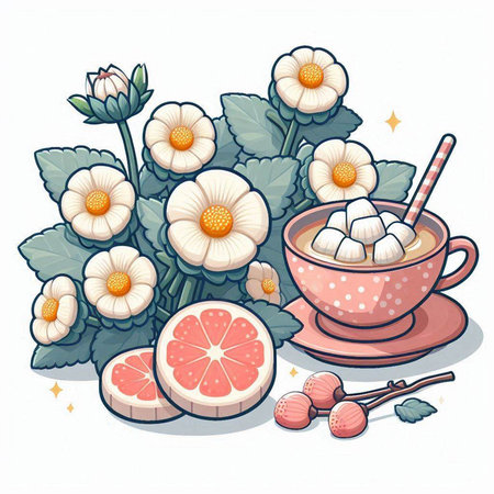 Vector illustration of a cup of tea with marshmallows and flowersのイラスト素材