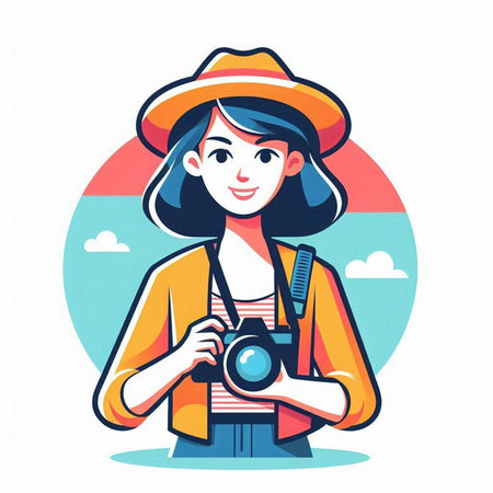 Young woman tourist with camera in hand. Vector illustration in flat styleのイラスト素材