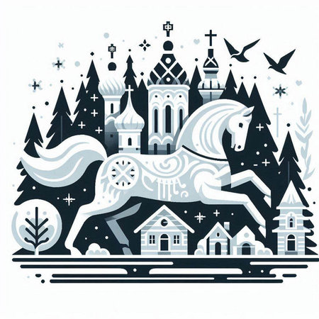 Horse in the village. Monochrome vector illustration for your designのイラスト素材