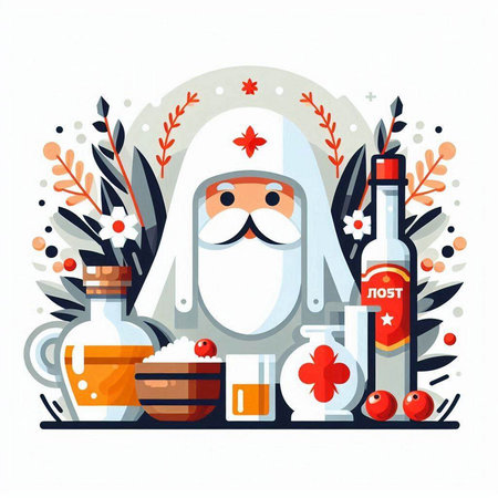 Russian cosmonaut flat vector illustration. Cartoon cosmonaut with a bottle of wine.のイラスト素材