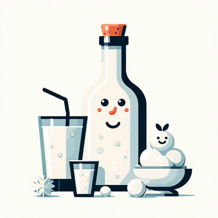 Cute funny bottle with milk and a glass of milk. Vector illustration.のイラスト素材