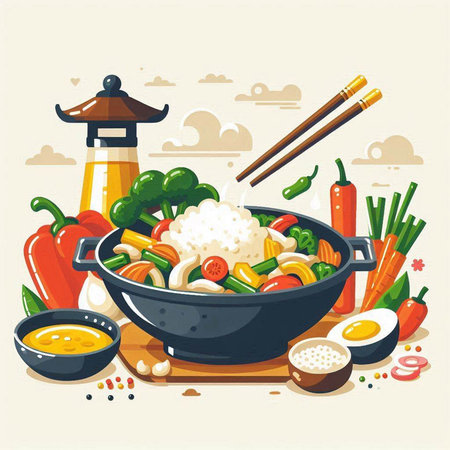 Japanese cuisine vector illustration. Vegetable, rice, egg, carrot, onion, parsley, pepper and soy sauce.のイラスト素材